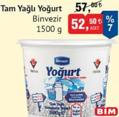 BİNVEZİR TAM YAĞLI YOĞURT 1500 G